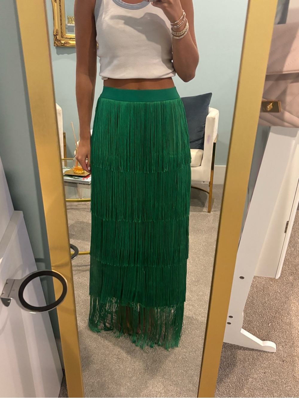 SHEIN Emerald Green Layered Fringe Maxi Skirt